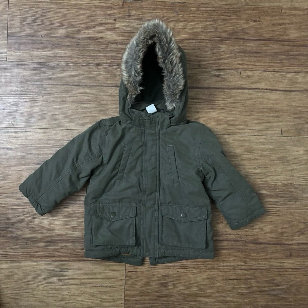 H&M Olive Green Hooded Winter Jacket with Faux Fur Trim